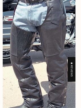 Jamin Leather Chaps Black Leather Motorcycle Chaps Comfort stretch thigh XXL